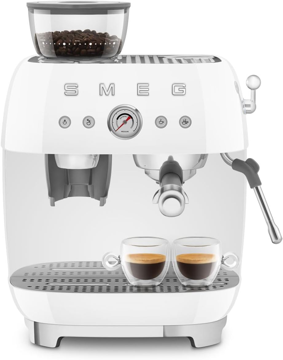 Smeg Espressomaschine EGF03WHEU mit Kaffeemühle, Thermoblock, 4 Temperaturstufen, Dampfdüse, 1L Tank