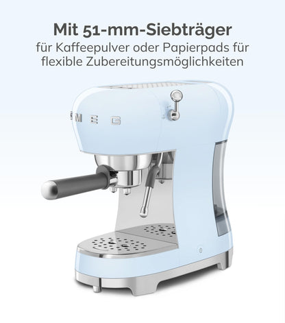 Smeg Espressomaschine ECF02PKEU, Cappuccino-Dampffunktion, Thermoblock, 15 bar, 1L Tank, 3 Siebträger