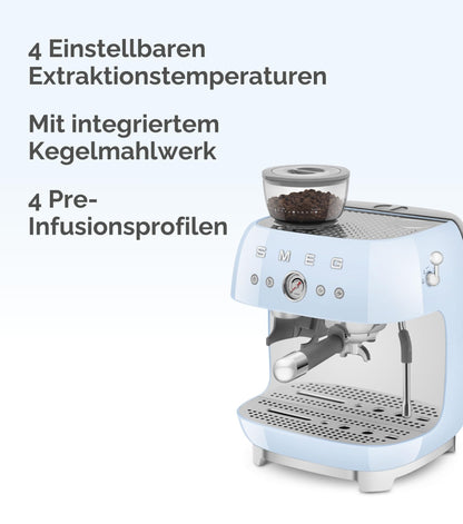 Smeg Espressomaschine EGF03WHEU mit Kaffeemühle, Thermoblock, 4 Temperaturstufen, Dampfdüse, 1L Tank