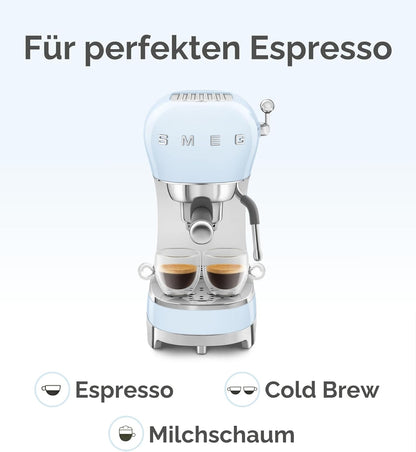 Smeg Espressomaschine ECF02PKEU, Cappuccino-Dampffunktion, Thermoblock, 15 bar, 1L Tank, 3 Siebträger
