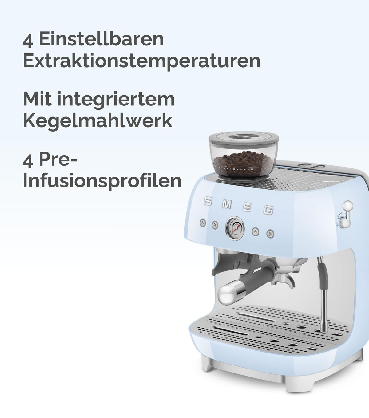 Smeg Espressomaschine EGF03WHEU mit Kaffeemühle, Thermoblock, 4 Temperaturstufen, Dampfdüse, 1L Tank
