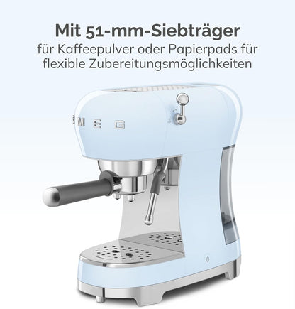 Smeg Espressomaschine ECF02PKEU, Cappuccino-Dampffunktion, Thermoblock, 15 bar, 1L Tank, 3 Siebträger