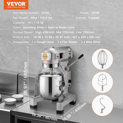 VEVOR Kommerzieller Küchenmixer, 14 l kommerzieller Standmixer mit 3 einstellbaren Geschwindigkeiten