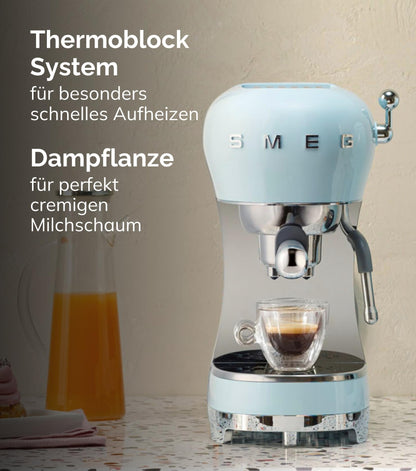 Smeg Espressomaschine ECF02PKEU, Cappuccino-Dampffunktion, Thermoblock, 15 bar, 1L Tank, 3 Siebträger