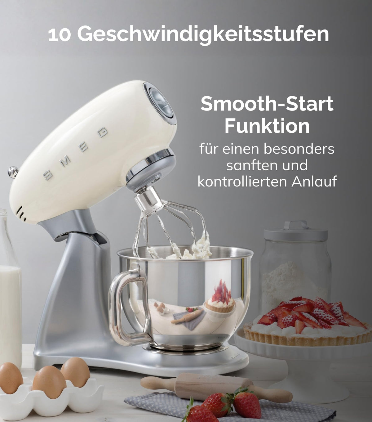 Smeg Küchenmaschine 4,8L mit Planetenrührwerk, 10 Geschwindigkeitsstufen, 800W, Edelstahlschüssel