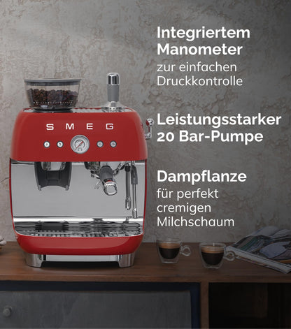 Smeg Espressomaschine EGF03WHEU mit Kaffeemühle, Thermoblock, 4 Temperaturstufen, Dampfdüse, 1L Tank