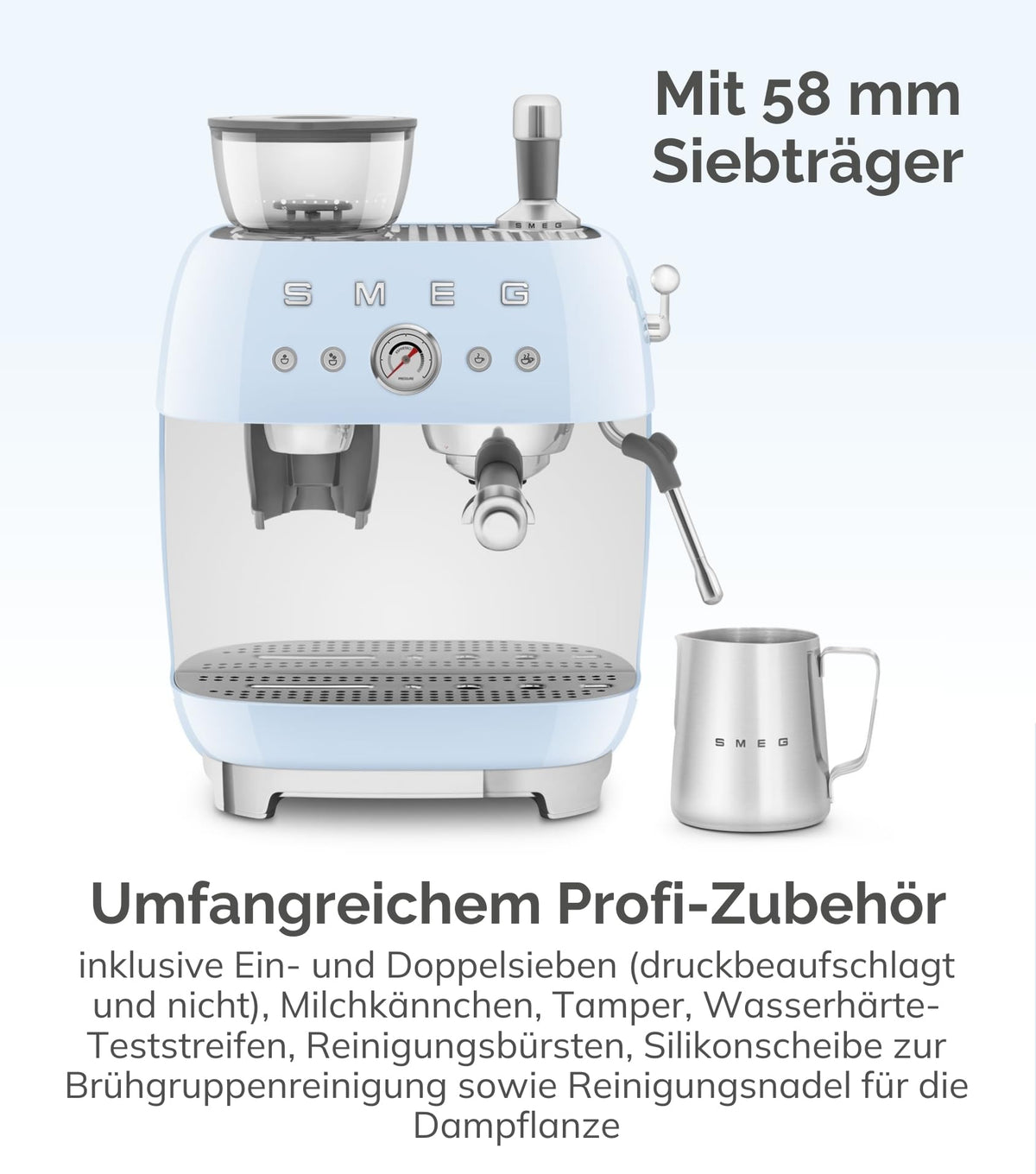 Smeg Espressomaschine EGF03WHEU mit Kaffeemühle, Thermoblock, 4 Temperaturstufen, Dampfdüse, 1L Tank