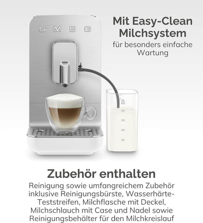 Smeg Kaffeevollautomat BCC13WHMEU Weiß – Espressomaschine mit Milchsystem, Kaffeemühle & Thermoblock