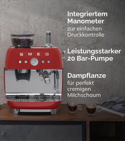 Smeg Espressomaschine EGF03WHEU mit Kaffeemühle, Thermoblock, 4 Temperaturstufen, Dampfdüse, 1L Tank
