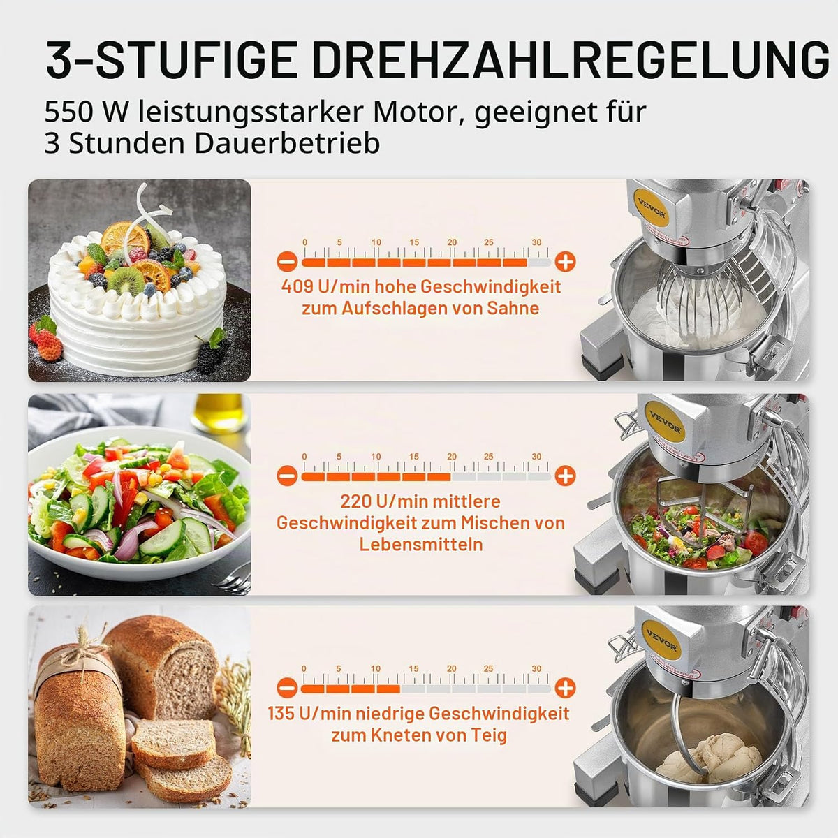 VEVOR Kommerzieller Küchenmixer, 14 l kommerzieller Standmixer mit 3 einstellbaren Geschwindigkeiten