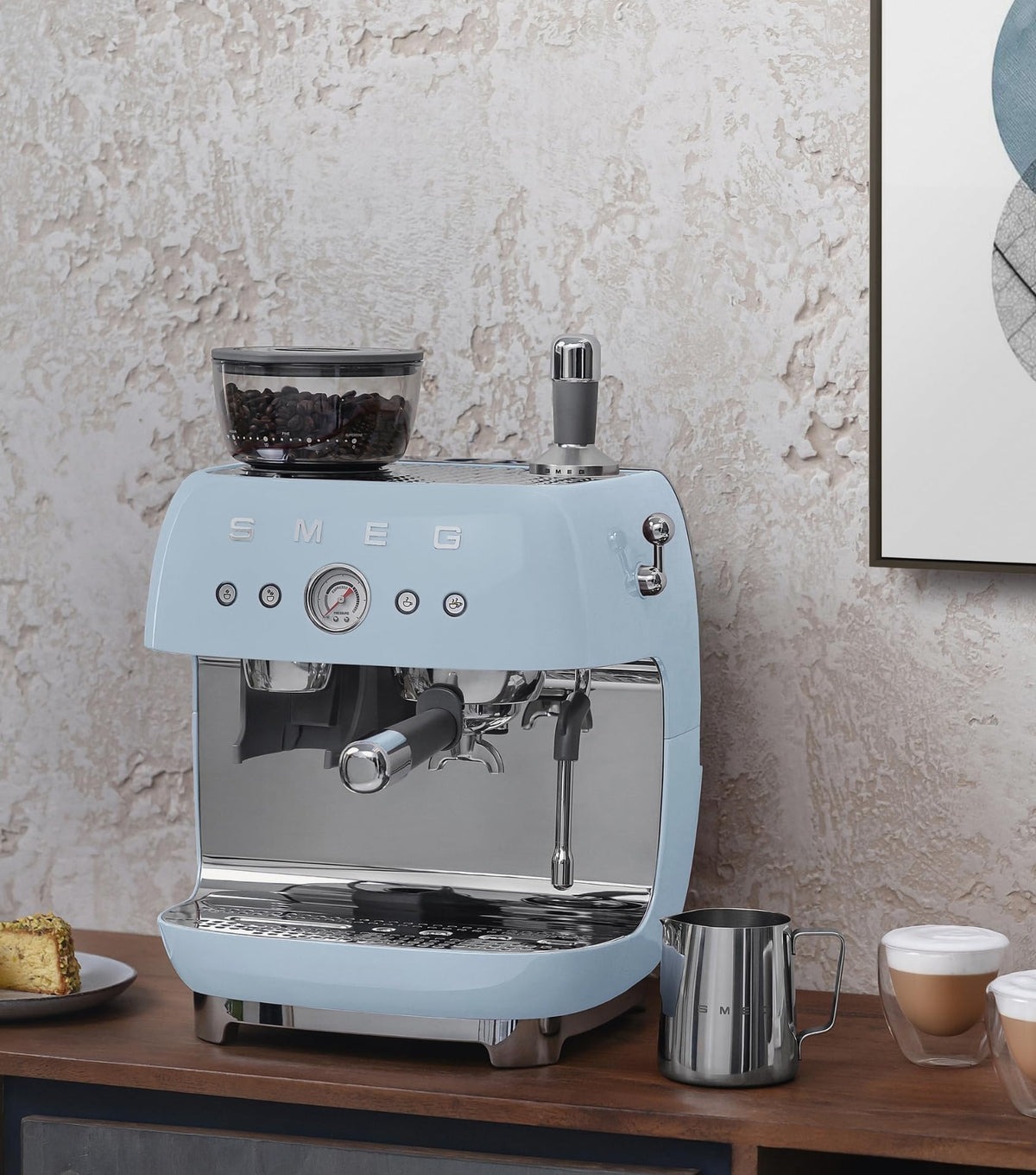 Smeg Espressomaschine EGF03WHEU mit Kaffeemühle, Thermoblock, 4 Temperaturstufen, Dampfdüse, 1L Tank